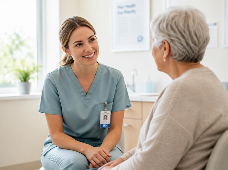 A nurse talking warmly with an older patient in a bright clinic room