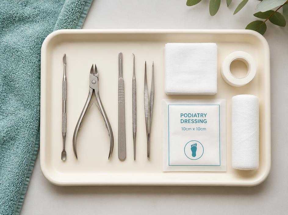 Sterile podiatry instruments and dressings arranged on a tray